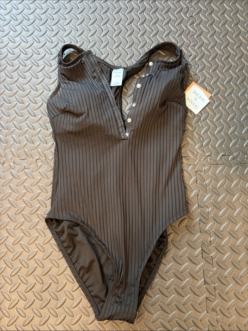 Shade & Shore Black Ribbed One-Piece Swimsuit M (8-10)